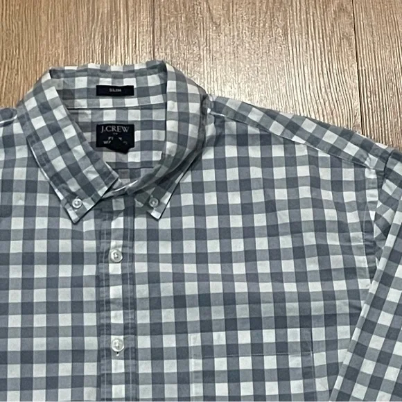 J.Crew Mens XL Slim Long Sleeve Button Down Shirt Flex Washed Gray Plaid - Picture 2 of 8